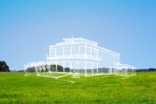 Foto: Wiese mit weißer Hausskizze darüber